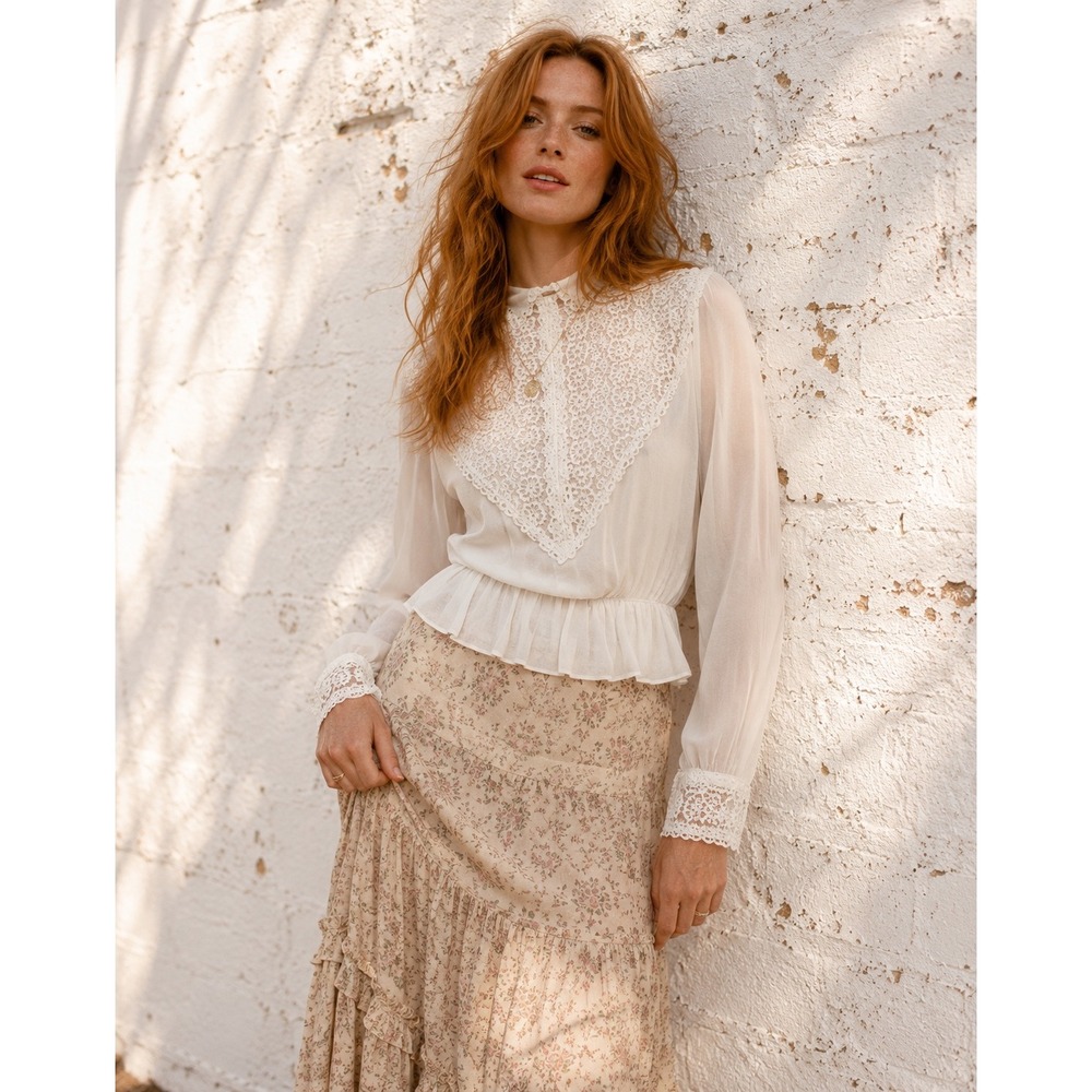 Vintage Eros Models White Crepe Lace Bib Peplum Blouse Edwardian‎ Style Small